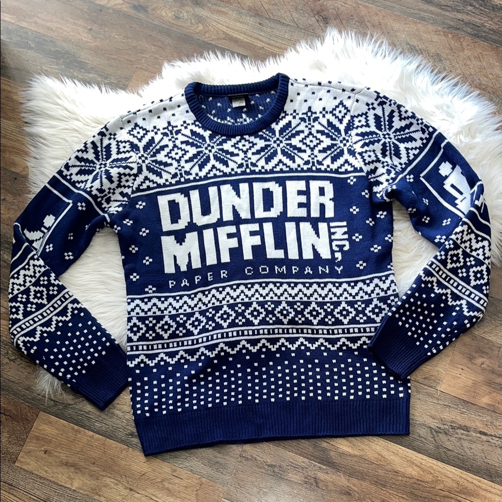 The Office Dunder Mifflin unisex sweater in blue and white